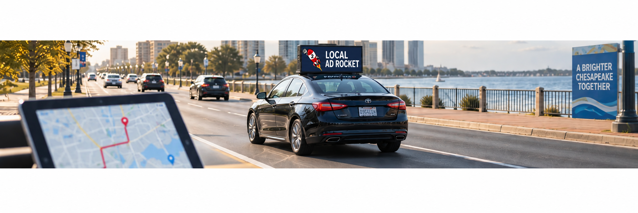 Illustrative advertising car and route map along a waterfront